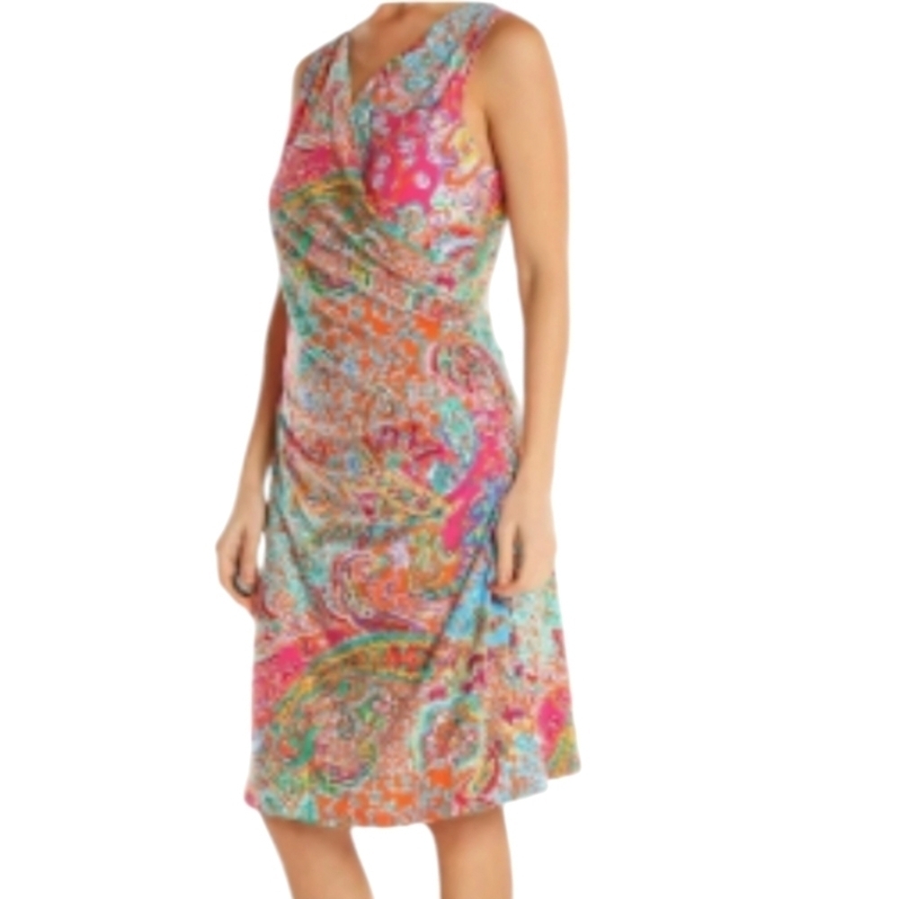 Ralph Lauren Petite Medium Multicolor Paisley Faux Wrap Slip Dress